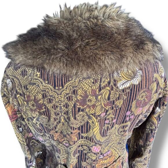 Vintage Faux Fur Trimmed Corduroy Floral Jacket Brown Boho Cropped Penny Lane - Picture 8 of 13
